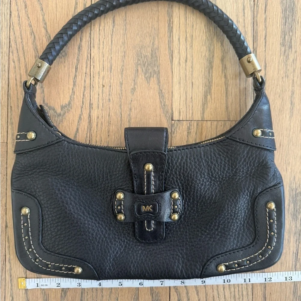 Michael Kors Black Leather Shoulder Purse with Braided Strap and Gold Detailing